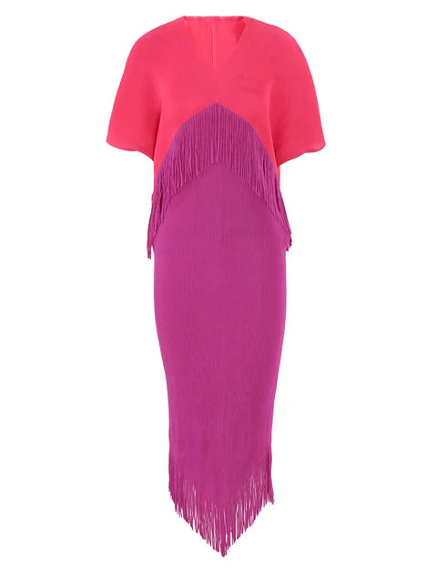Color Block Spliced Pleated Dress Women Fashion Tassel Design Short Sleeves Dresses Elegant