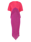 Color Block Spliced Pleated Dress Women Fashion Tassel Design Short Sleeves Dresses Elegant