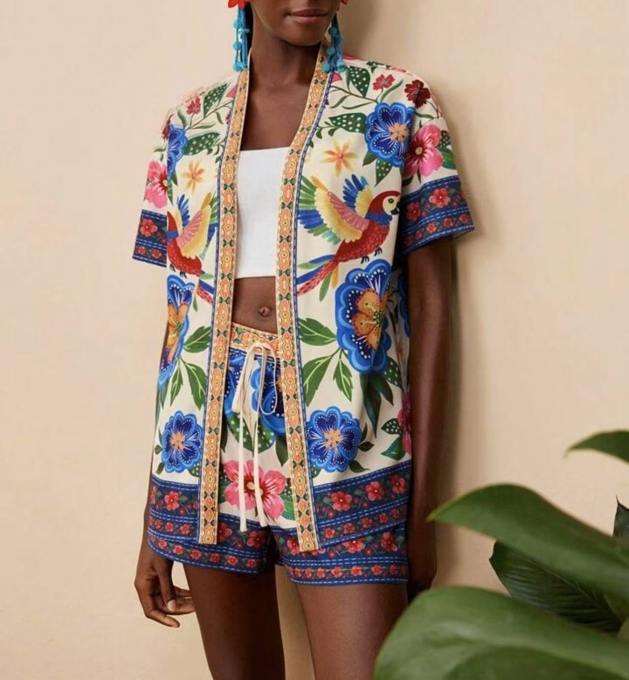 Women summer fashion casual printed cardigan short sleeved shorts set