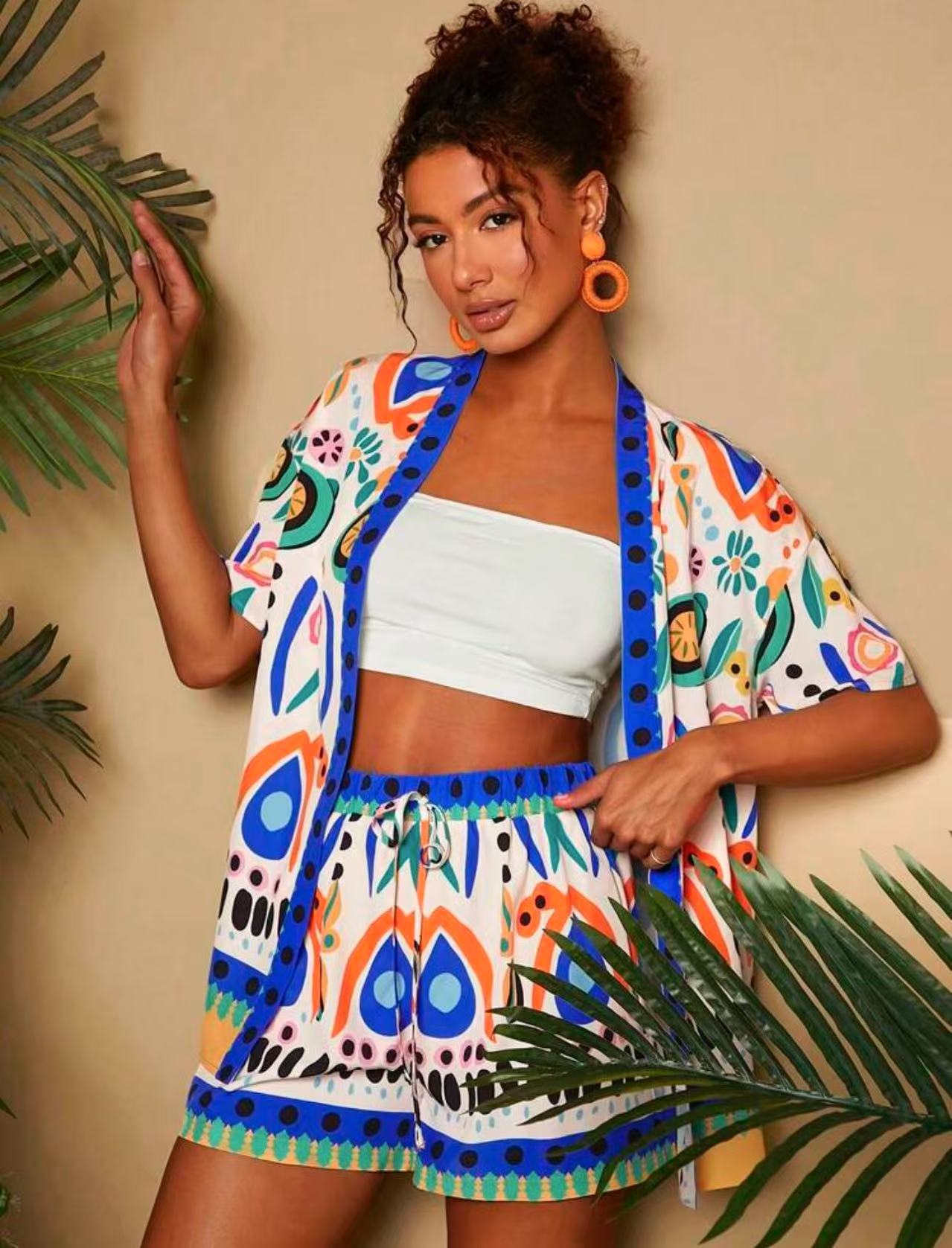 Women summer fashion casual printed cardigan short sleeved shorts set