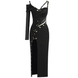 Black Long Sleeve One Shoulder Open Fork Rayon Bandage Dress Cocktail Party Bodycon Dress