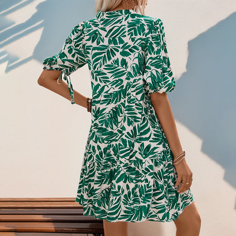Summer Printed Bubble Sleeve Loose Dress