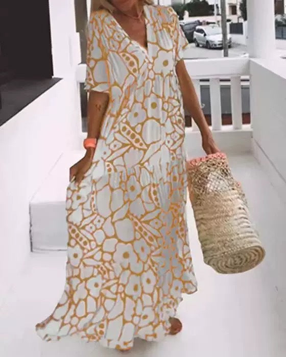 Women's summer printed short sleeved deep V-neck long dress for women