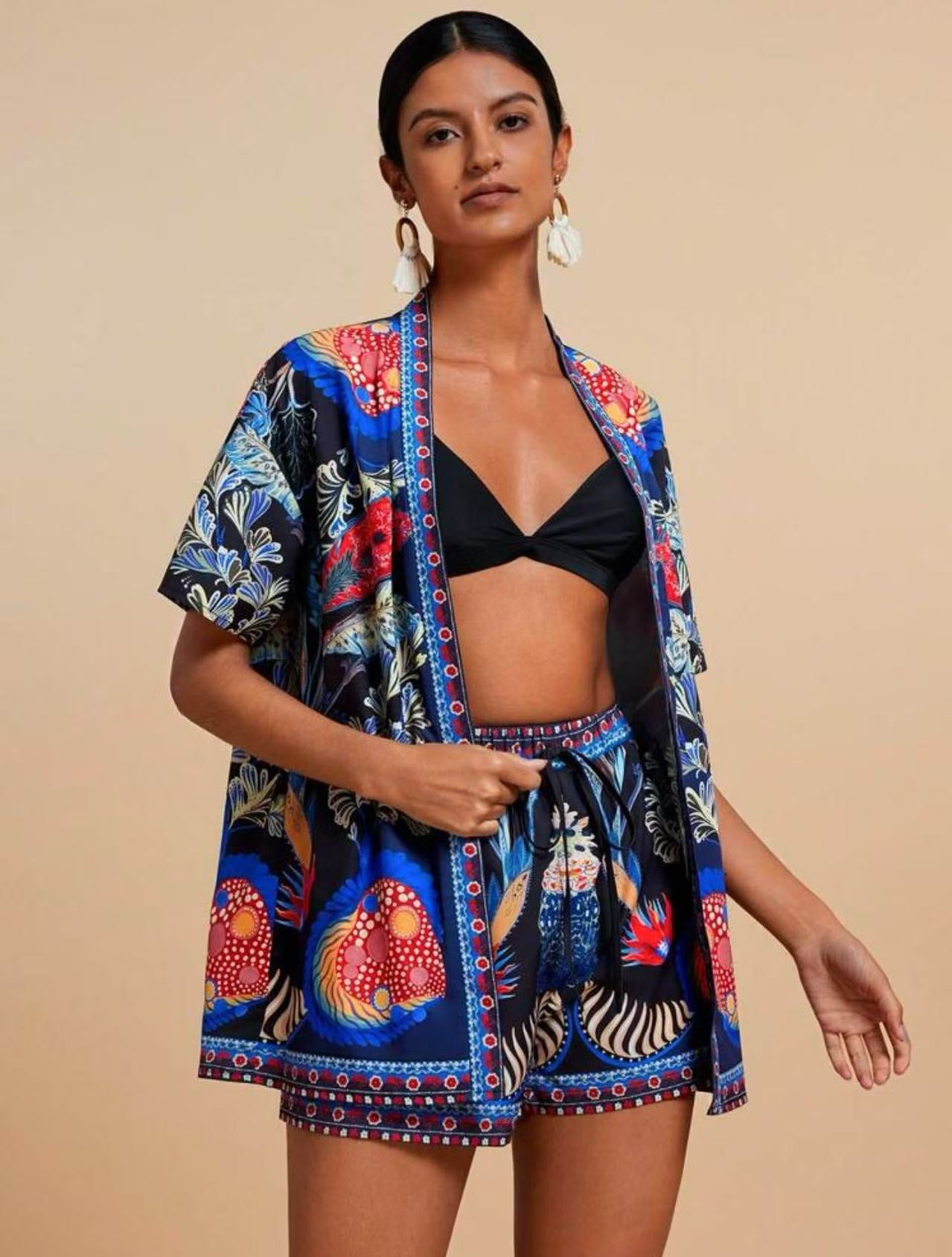 Women summer fashion casual printed cardigan short sleeved shorts set