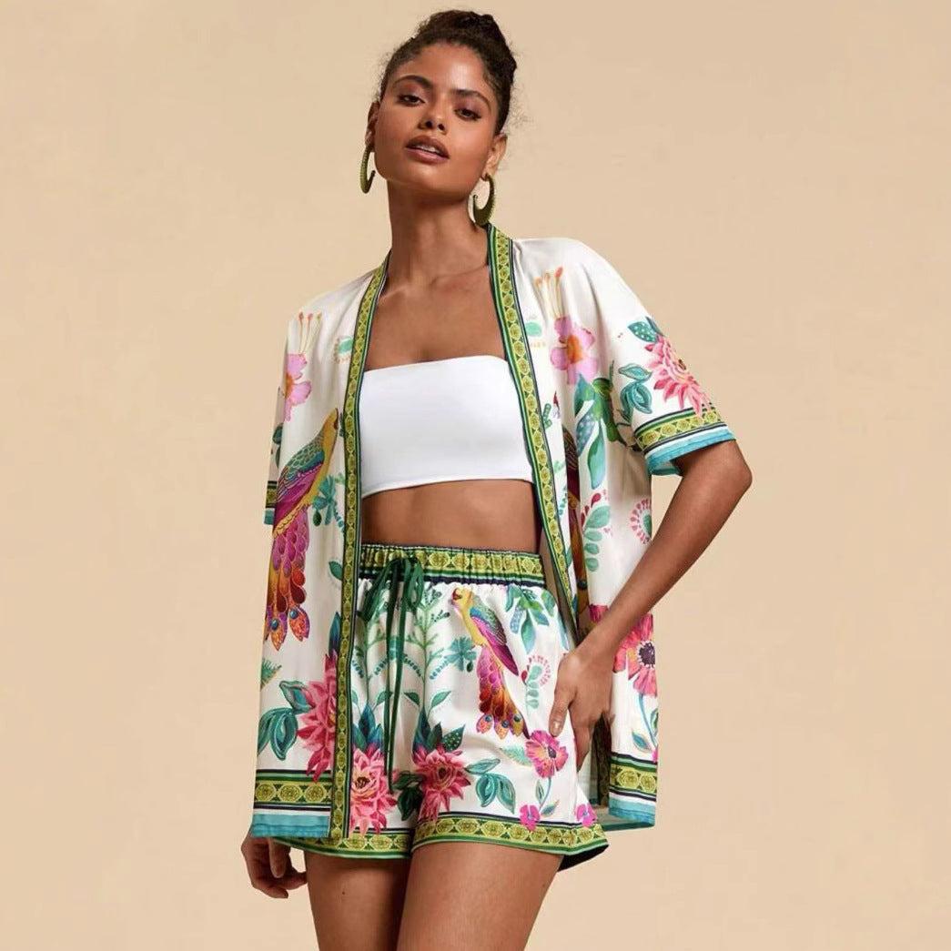 Women summer fashion casual printed cardigan short sleeved shorts set