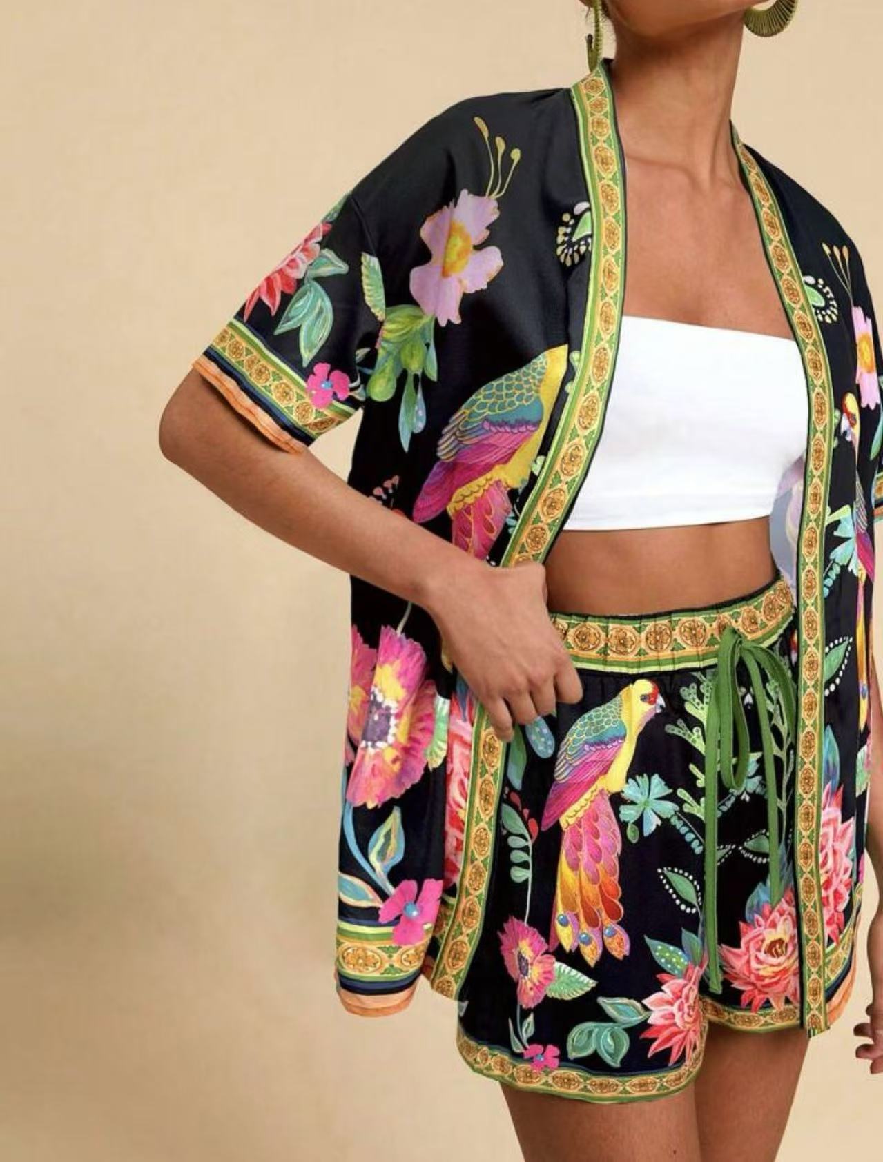Women summer fashion casual printed cardigan short sleeved shorts set