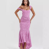 Square neck elastic mesh jacquard pleated sleeveless fishtail suspender long skirt
