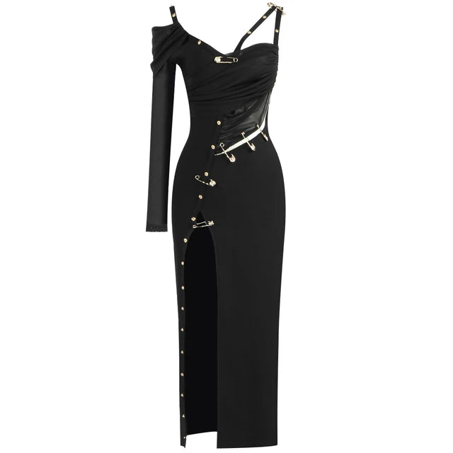 Black Long Sleeve One Shoulder Open Fork Rayon Bandage Dress Cocktail Party Bodycon Dress