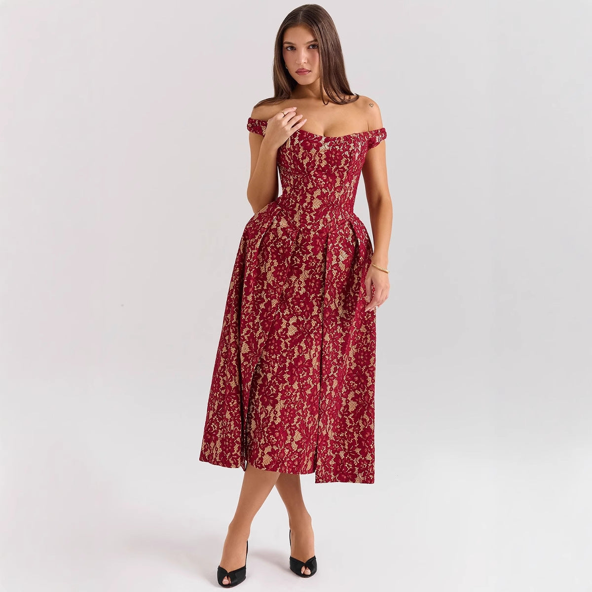 Off shoulder backless slim fit waist cinched printed dress for women