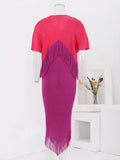 Color Block Spliced Pleated Dress Women Fashion Tassel Design Short Sleeves Dresses Elegant