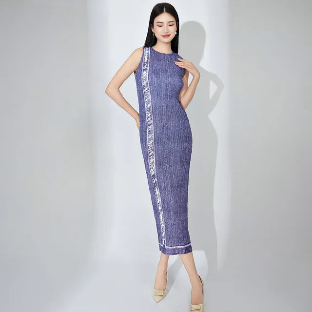 Pleated Denim Dress Long Senior Sense Of Temperament Sleeveless Design Sense Niche Chic Elegant Step Dresses