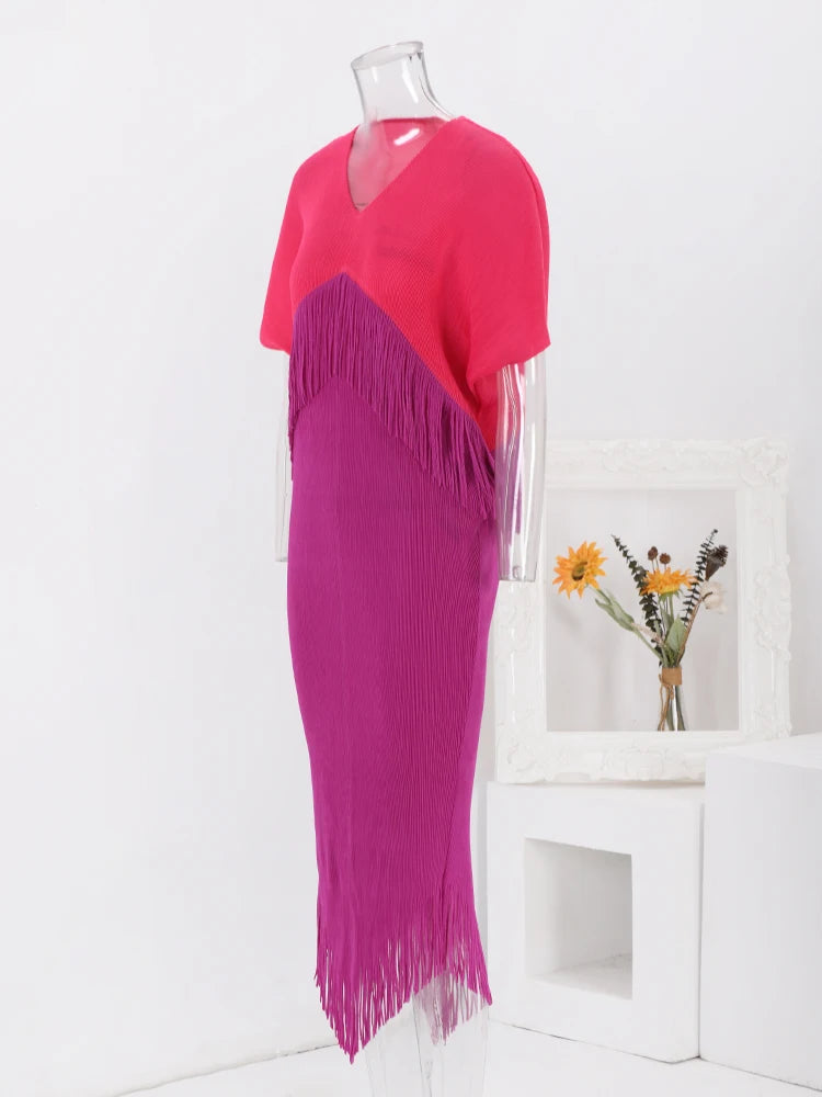 Color Block Spliced Pleated Dress Women Fashion Tassel Design Short Sleeves Dresses Elegant
