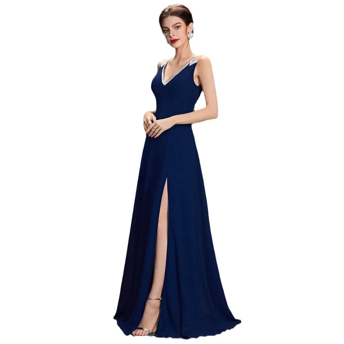 Women's Deep V-neck slit Cross-border solid evening dress
